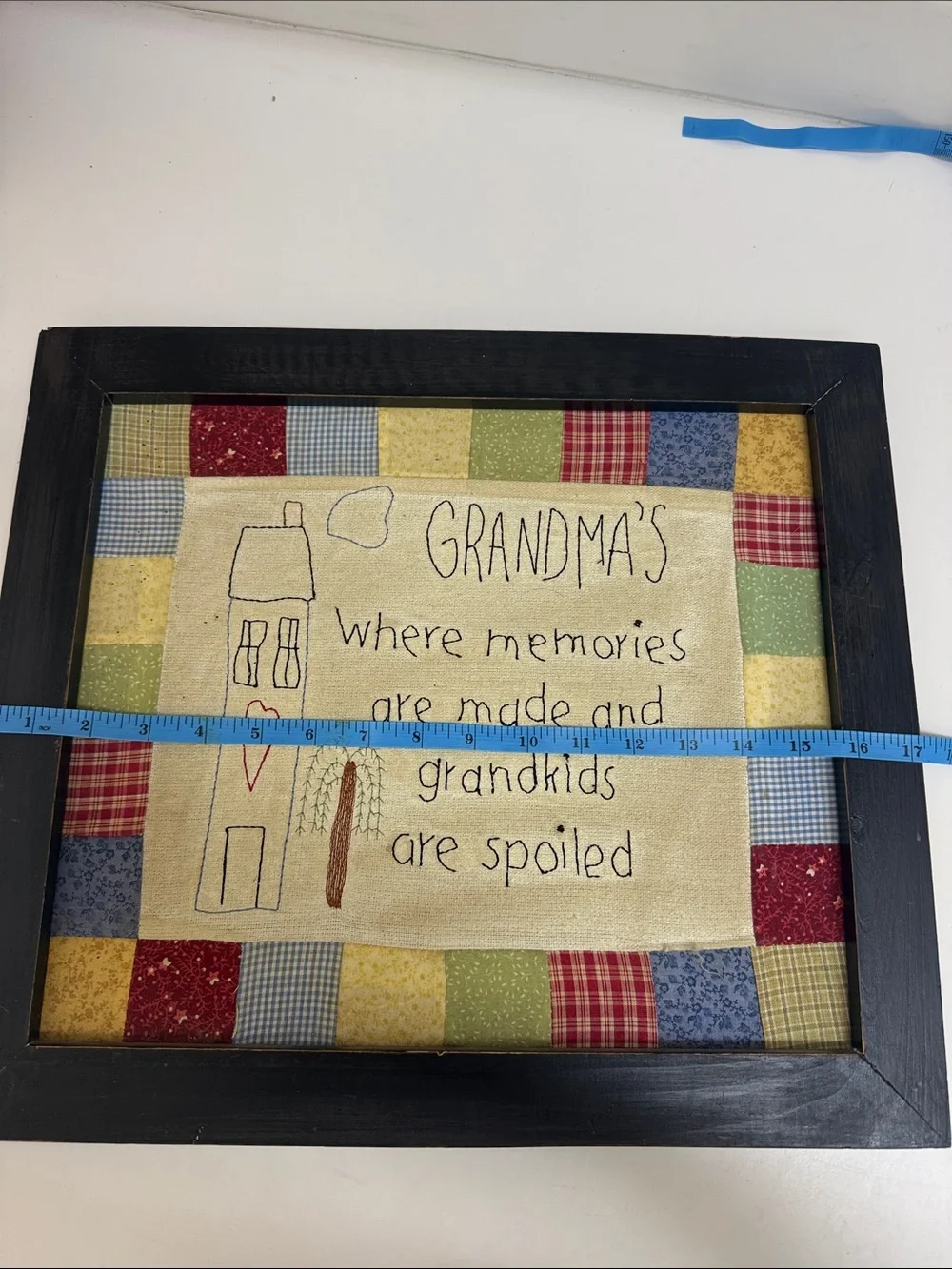 Source Unknown Framed Grandma Quilt Art - Navy, Red, Yellow, Green, Blue
